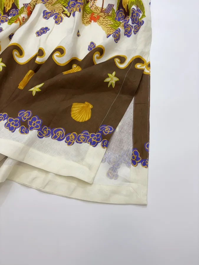 Cream and Brown Botanical Puff-Sleeve Midi Dress in Brown, product view 17