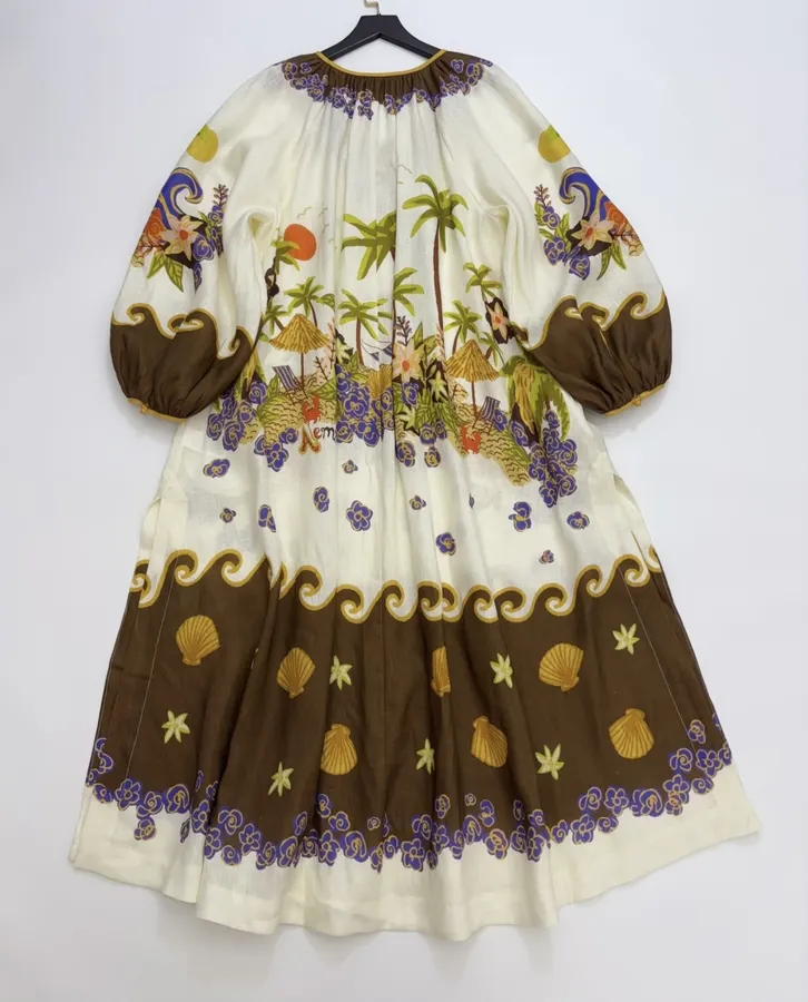 Cream and Brown Botanical Puff-Sleeve Midi Dress in Brown, product view 19