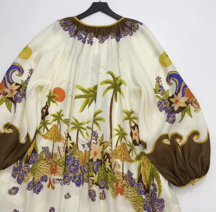 Cream and Brown Botanical Puff-Sleeve Midi Dress in Brown, product view 20