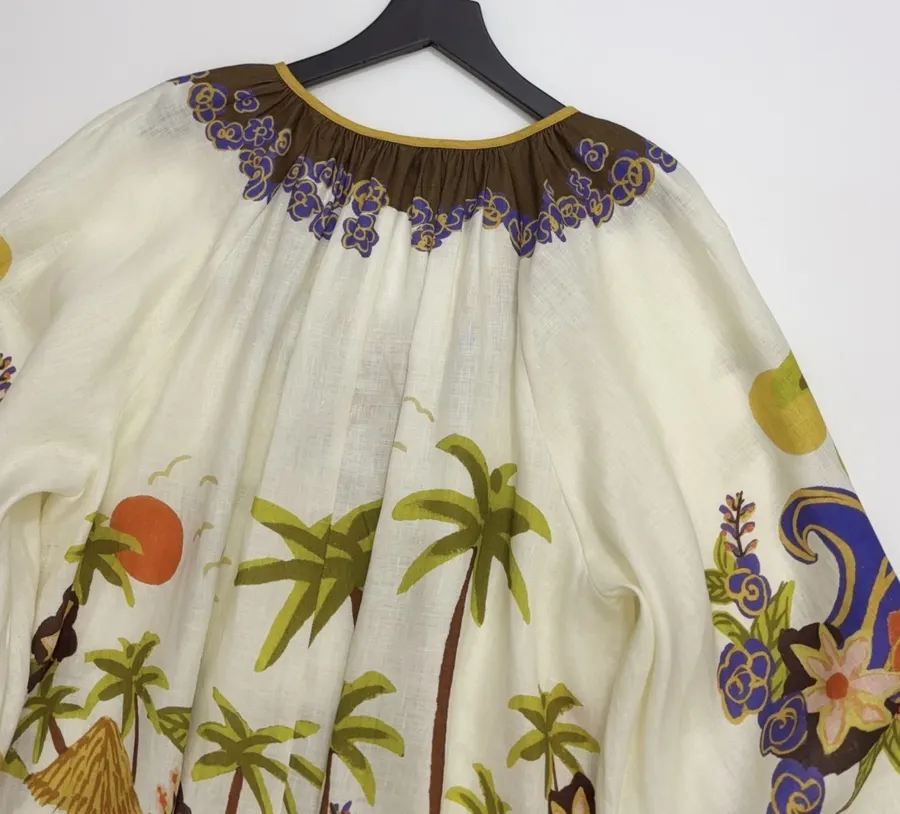 Cream and Brown Botanical Puff-Sleeve Midi Dress in Brown, product view 21