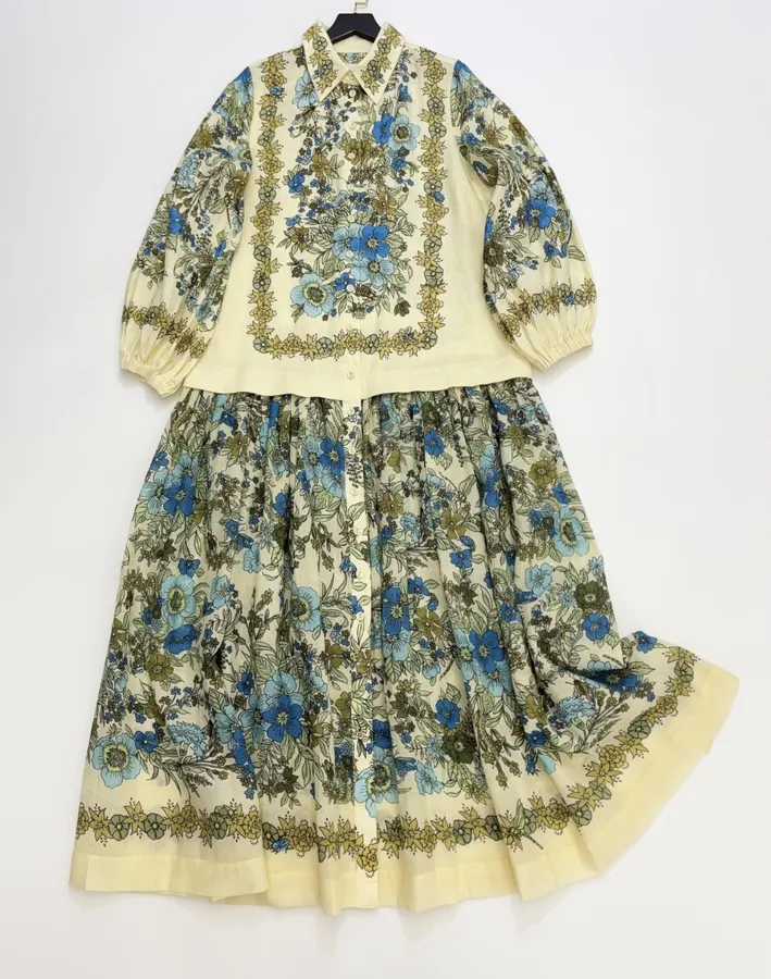 Cream and Blue Floral Tie-Neck Maxi Dress in Blue, product view 02