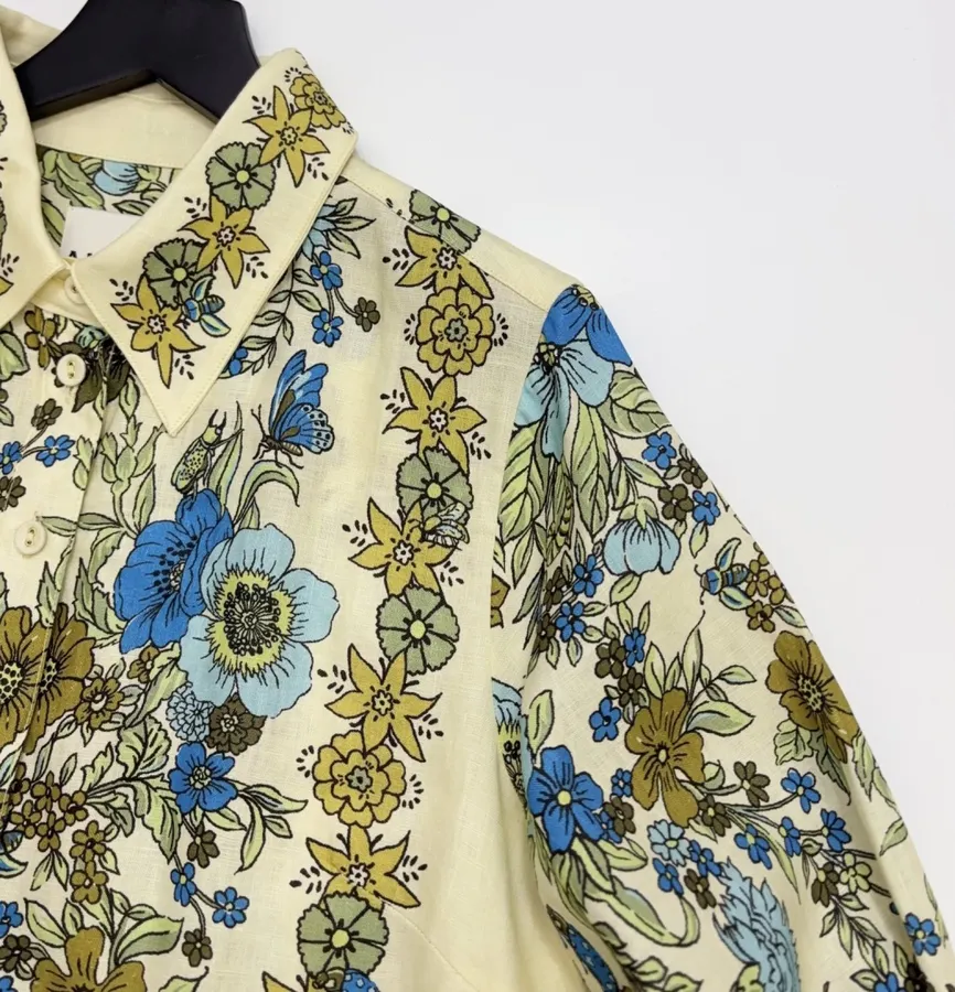 Cream and Blue Floral Tie-Neck Maxi Dress in Blue, product view 04