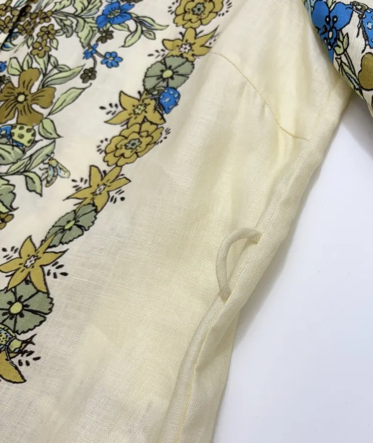 Cream and Blue Floral Tie-Neck Maxi Dress in Blue, product view 07