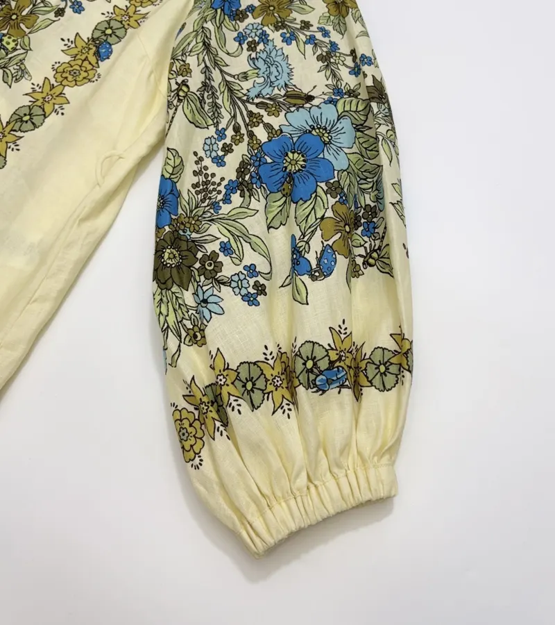 Cream and Blue Floral Tie-Neck Maxi Dress in Blue, product view 09
