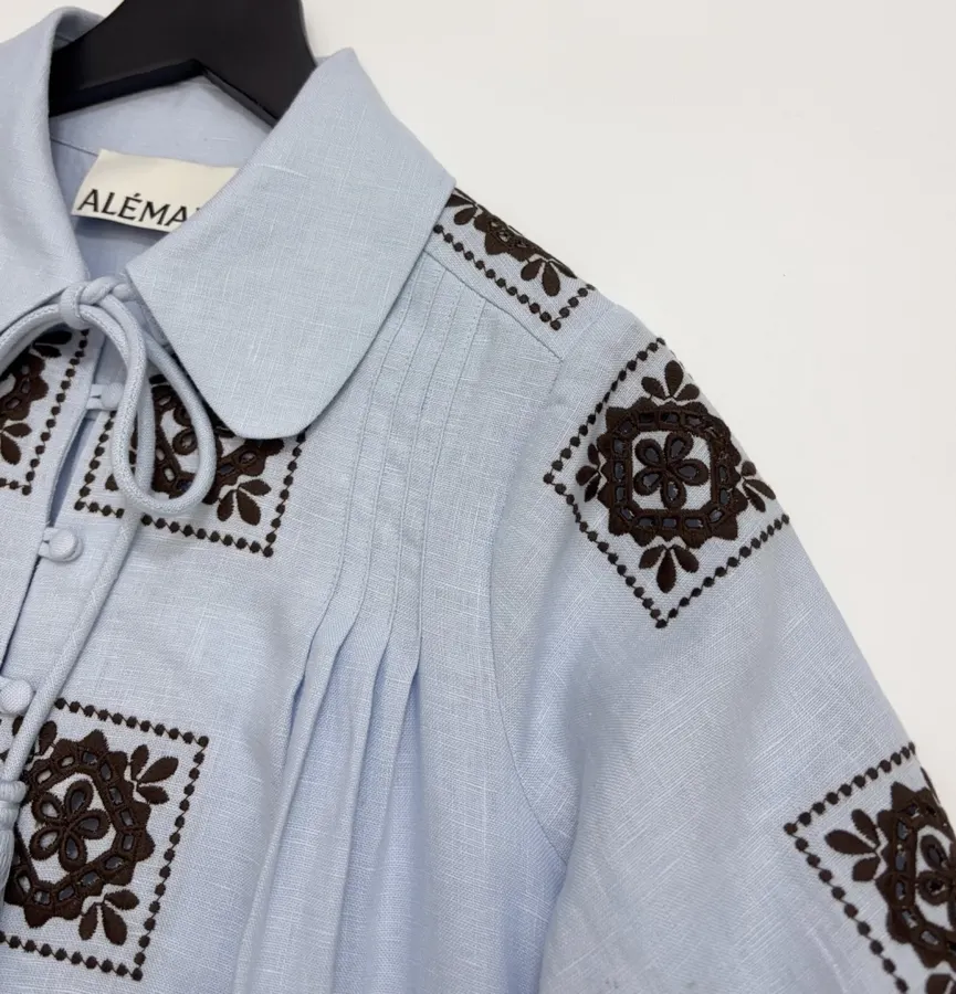 Light Blue Embroidered Panel Shirt Dress in Light Blue, product view 04