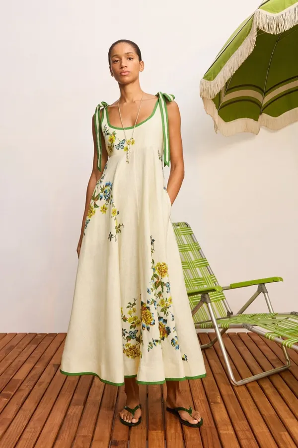Linen Fille Floral Ballet Slip Dress in Ivory, product view 01