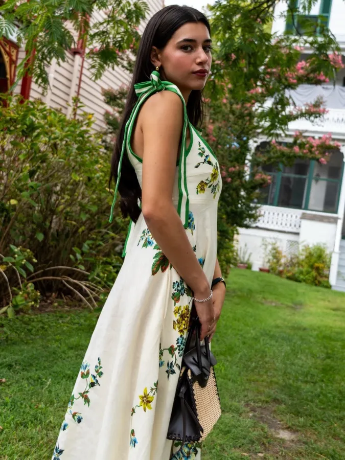 Linen Fille Floral Ballet Slip Dress in Ivory, product view 09