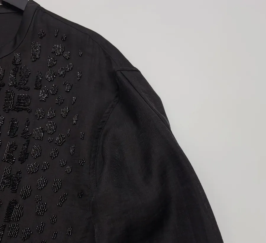 Black Hand-beaded Collarless Loose Long-sleeve Shirt in Black, product view 05