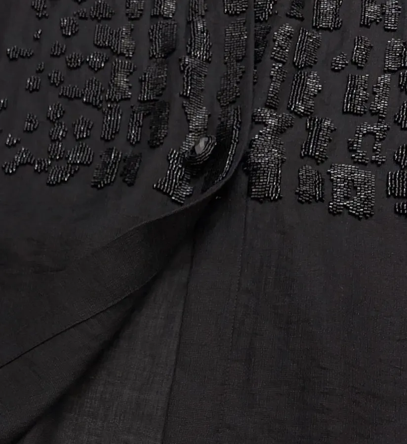 Black Hand-beaded Collarless Loose Long-sleeve Shirt in Black, product view 07