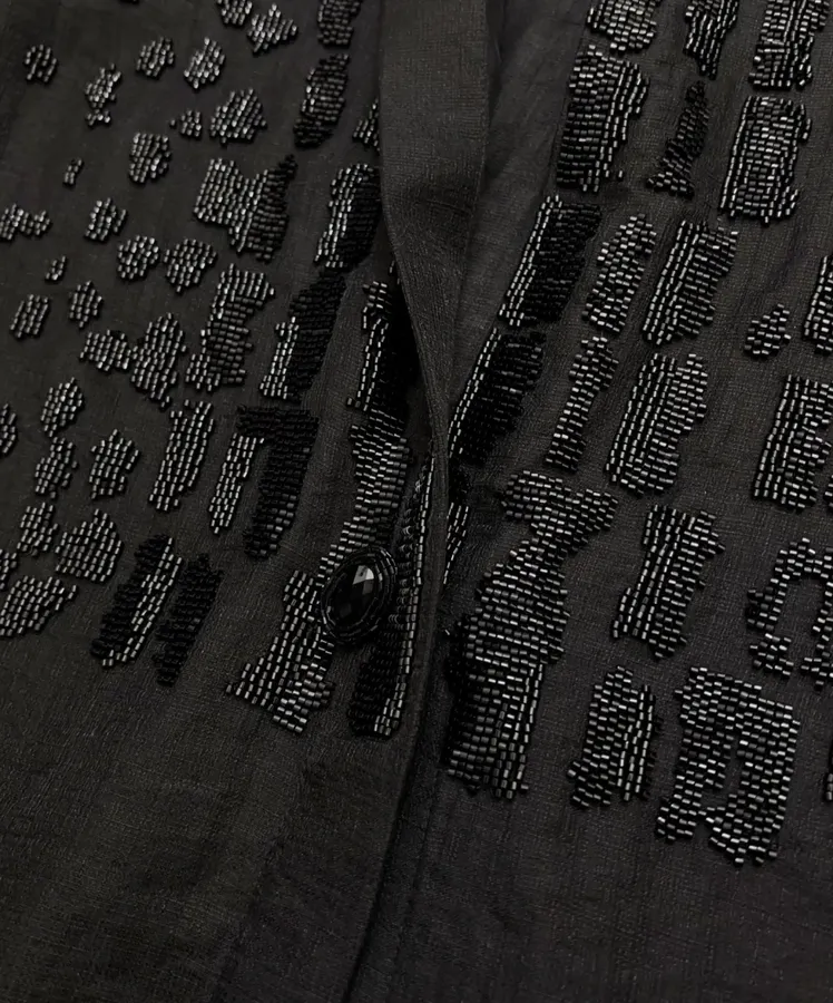Black Hand-beaded Collarless Loose Long-sleeve Shirt in Black, product view 08