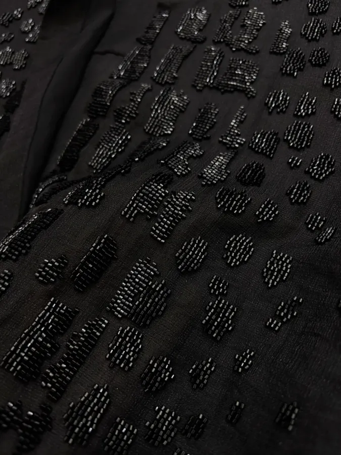 Black Hand-beaded Collarless Loose Long-sleeve Shirt in Black, product view 09