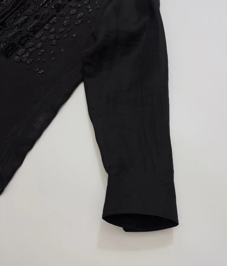 Black Hand-beaded Collarless Loose Long-sleeve Shirt in Black, product view 10