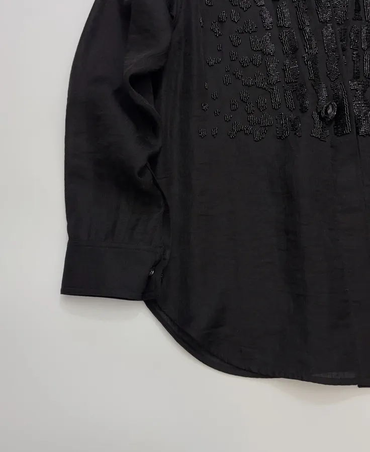 Black Hand-beaded Collarless Loose Long-sleeve Shirt in Black, product view 12