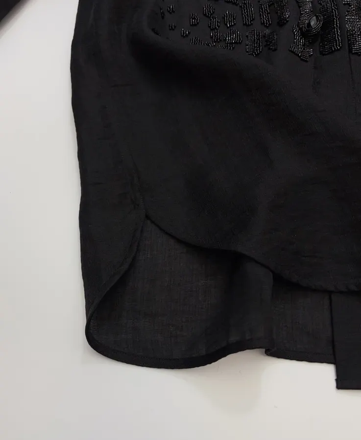 Black Hand-beaded Collarless Loose Long-sleeve Shirt in Black, product view 13