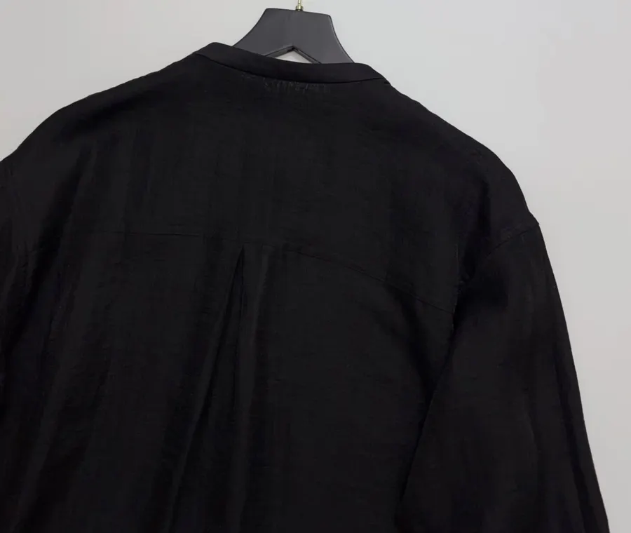 Black Hand-beaded Collarless Loose Long-sleeve Shirt in Black, product view 16