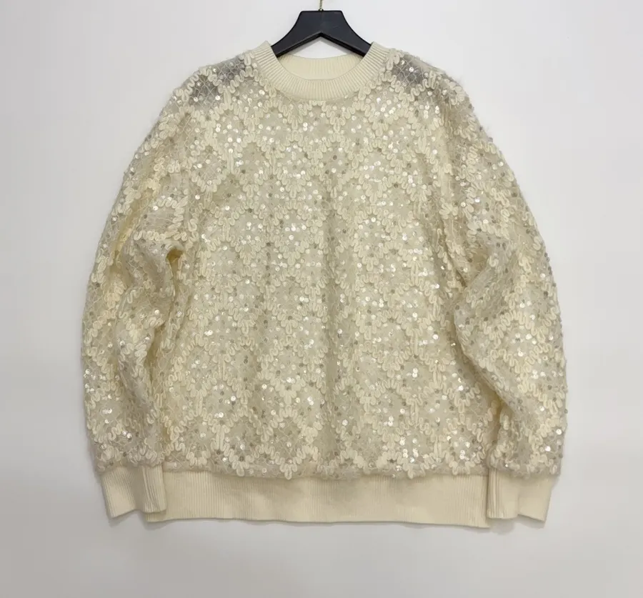 Ivory Sequin Embroidered Crew-Neck Sweatshirt in Off-White, product view 01