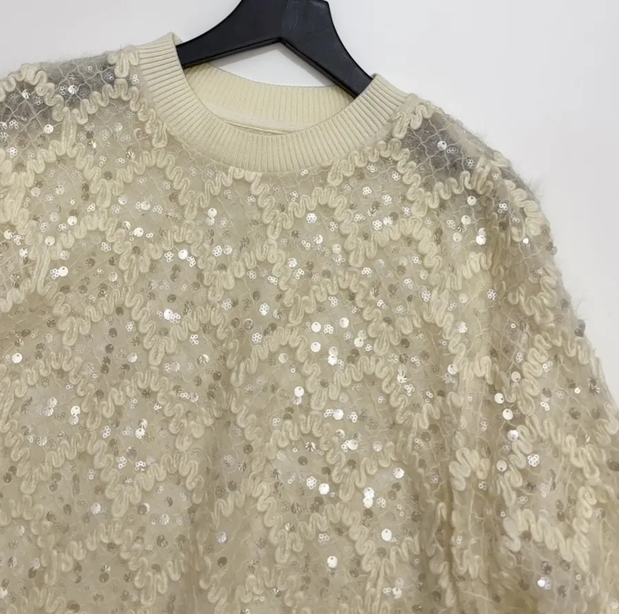 Ivory Sequin Embroidered Crew-Neck Sweatshirt in Off-White, product view 02