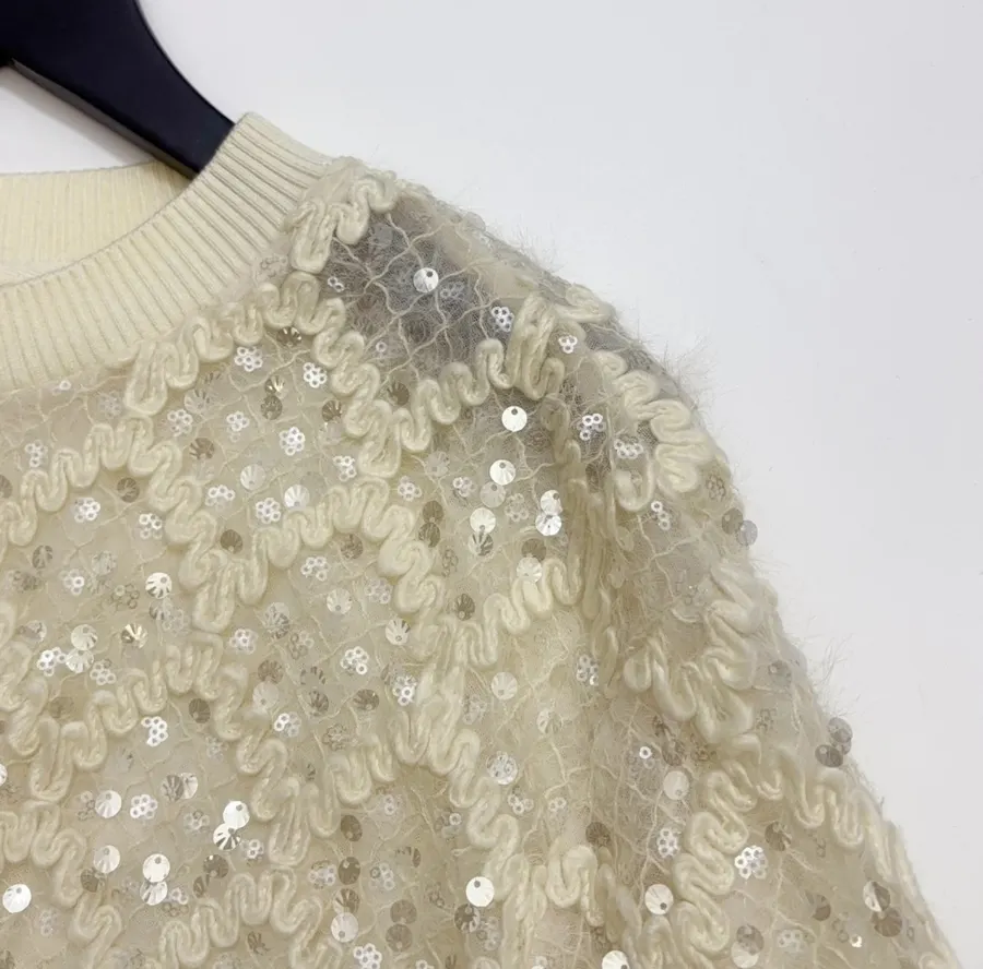 Ivory Sequin Embroidered Crew-Neck Sweatshirt in Off-White, product view 03