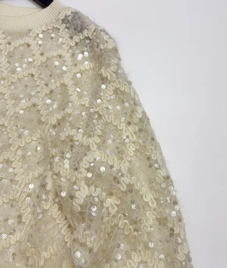 Ivory Sequin Embroidered Crew-Neck Sweatshirt in Off-White, product view 04