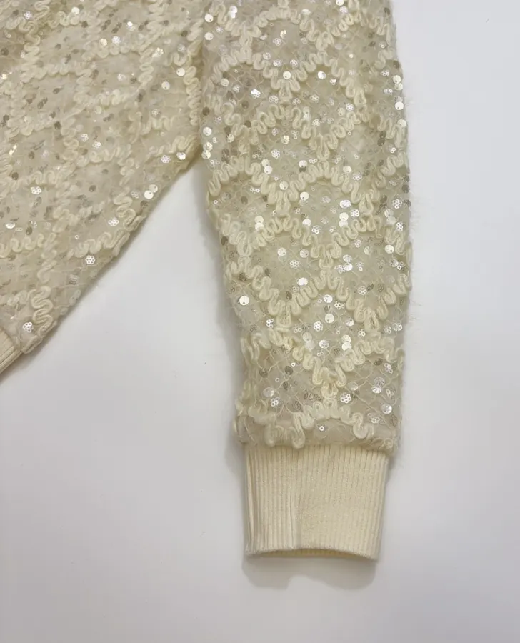 Ivory Sequin Embroidered Crew-Neck Sweatshirt in Off-White, product view 07