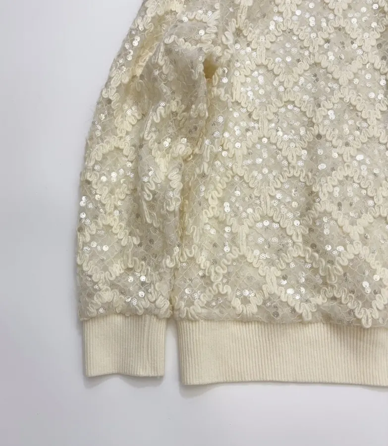 Ivory Sequin Embroidered Crew-Neck Sweatshirt in Off-White, product view 08