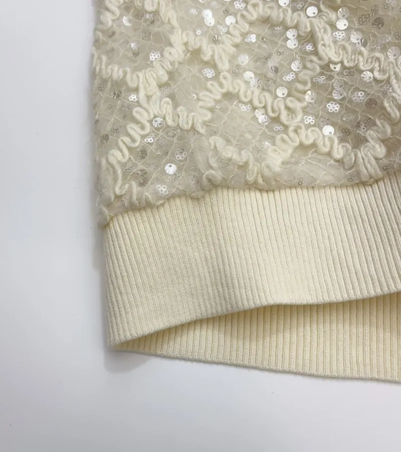 Ivory Sequin Embroidered Crew-Neck Sweatshirt in Off-White, product view 09