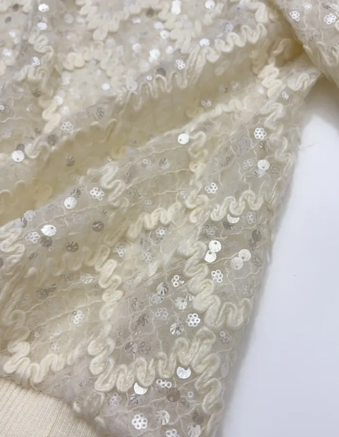 Ivory Sequin Embroidered Crew-Neck Sweatshirt in Off-White, product view 12