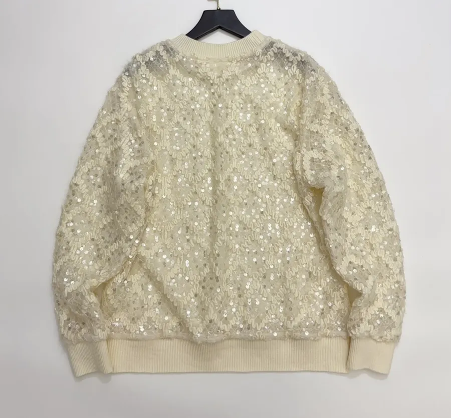 Ivory Sequin Embroidered Crew-Neck Sweatshirt in Off-White, product view 13