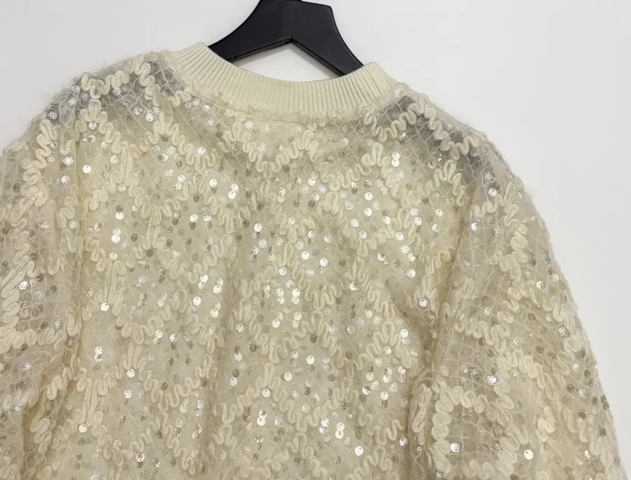 Ivory Sequin Embroidered Crew-Neck Sweatshirt in Off-White, product view 14