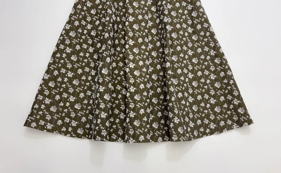 Green Floral Tweed Pleated A-Line Midi Skirt in Green, product view 08