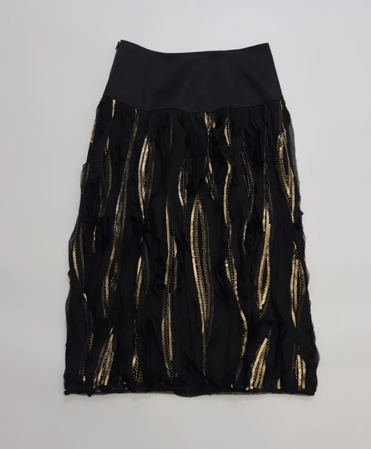 Black and Gold Textured Fringe Midi Skirt in Black and Gold, product view 01