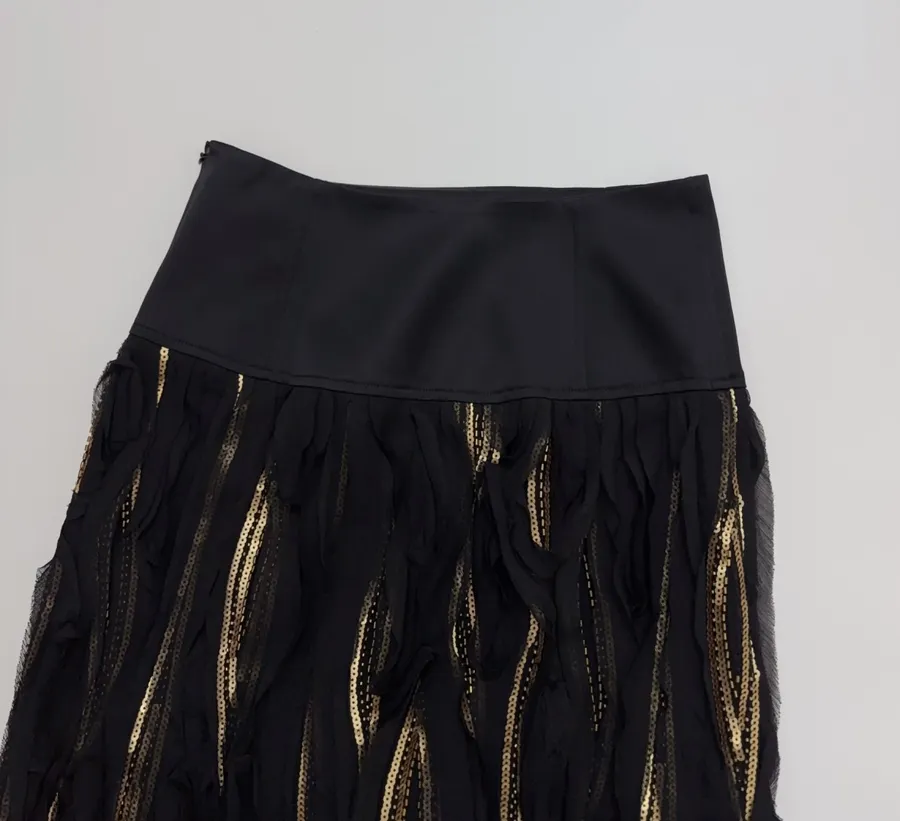 Black and Gold Textured Fringe Midi Skirt in Black and Gold, product view 02