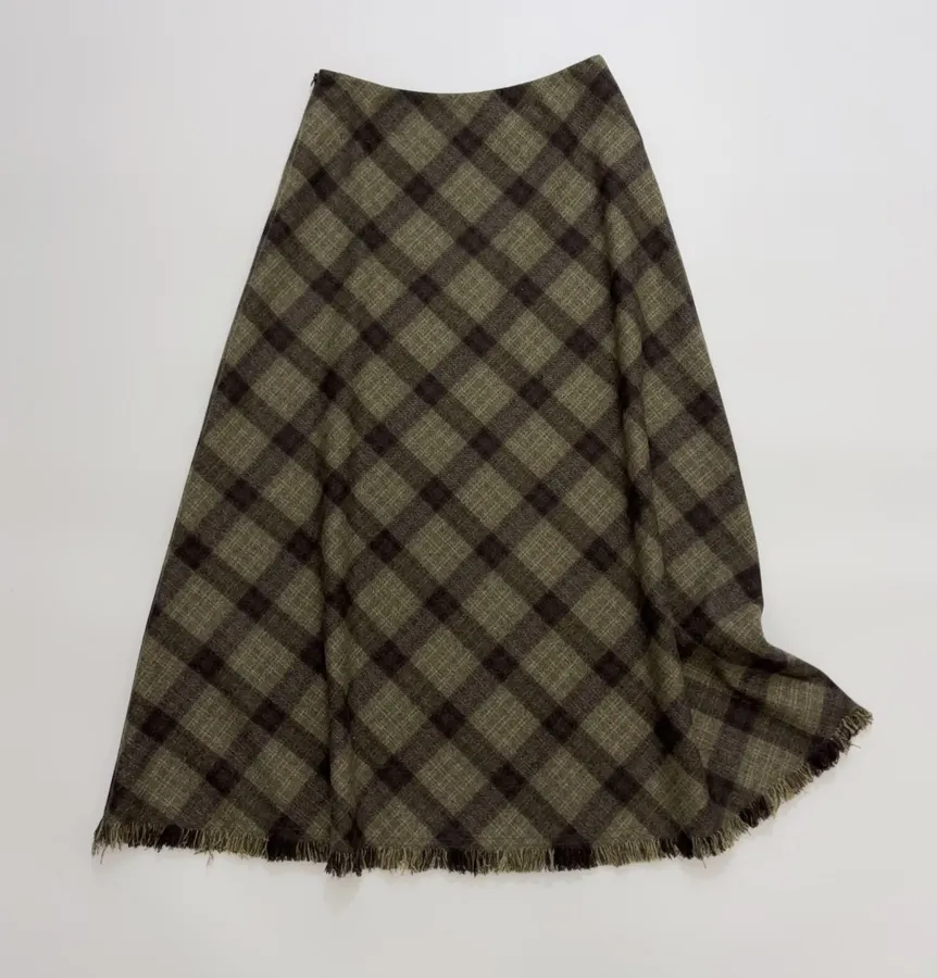 Vintage Plaid Tweed Long Skirt in Olive Green, product view 03