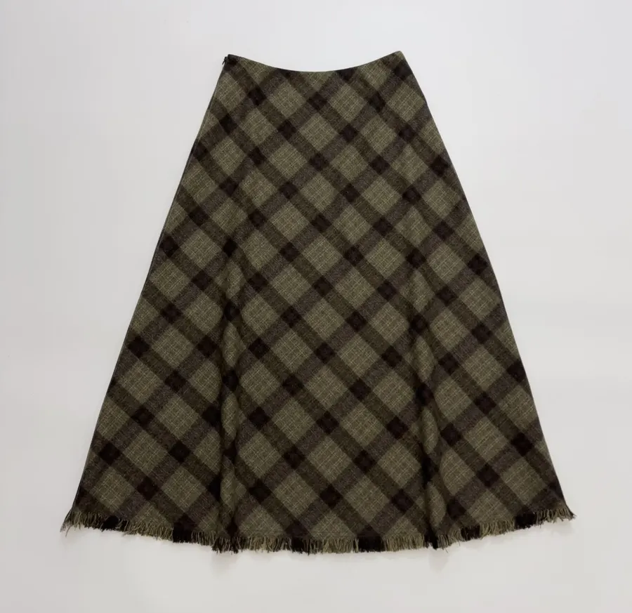 Vintage Plaid Tweed Long Skirt in Olive Green, product view 04