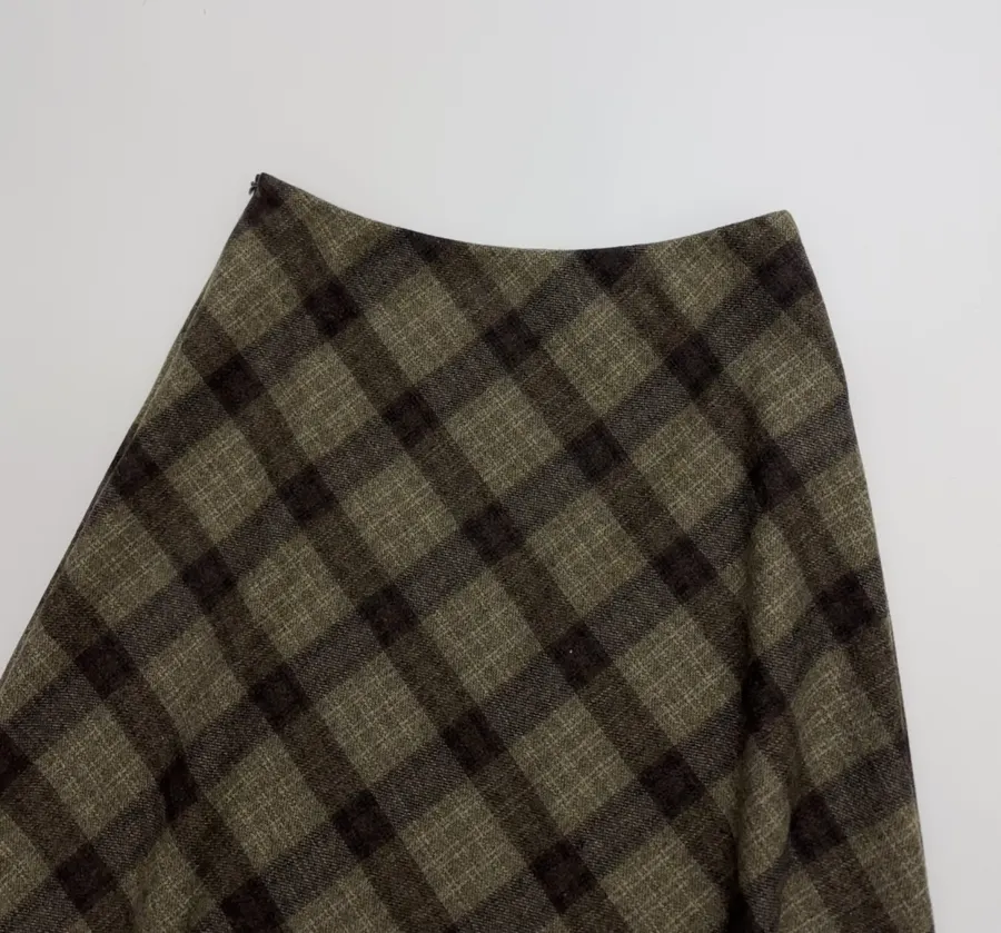 Vintage Plaid Tweed Long Skirt in Olive Green, product view 05