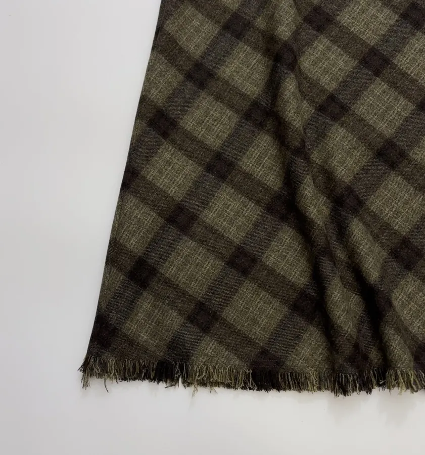 Vintage Plaid Tweed Long Skirt in Olive Green, product view 11