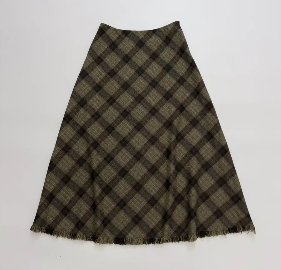 Vintage Plaid Tweed Long Skirt in Olive Green, product view 19