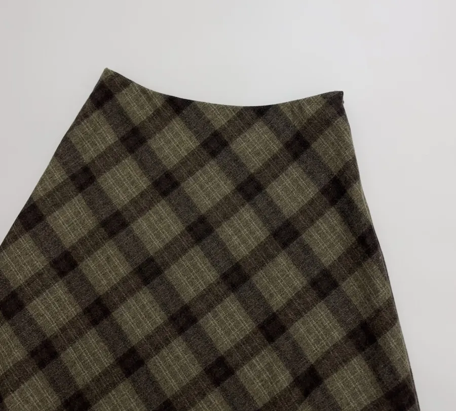Vintage Plaid Tweed Long Skirt in Olive Green, product view 20