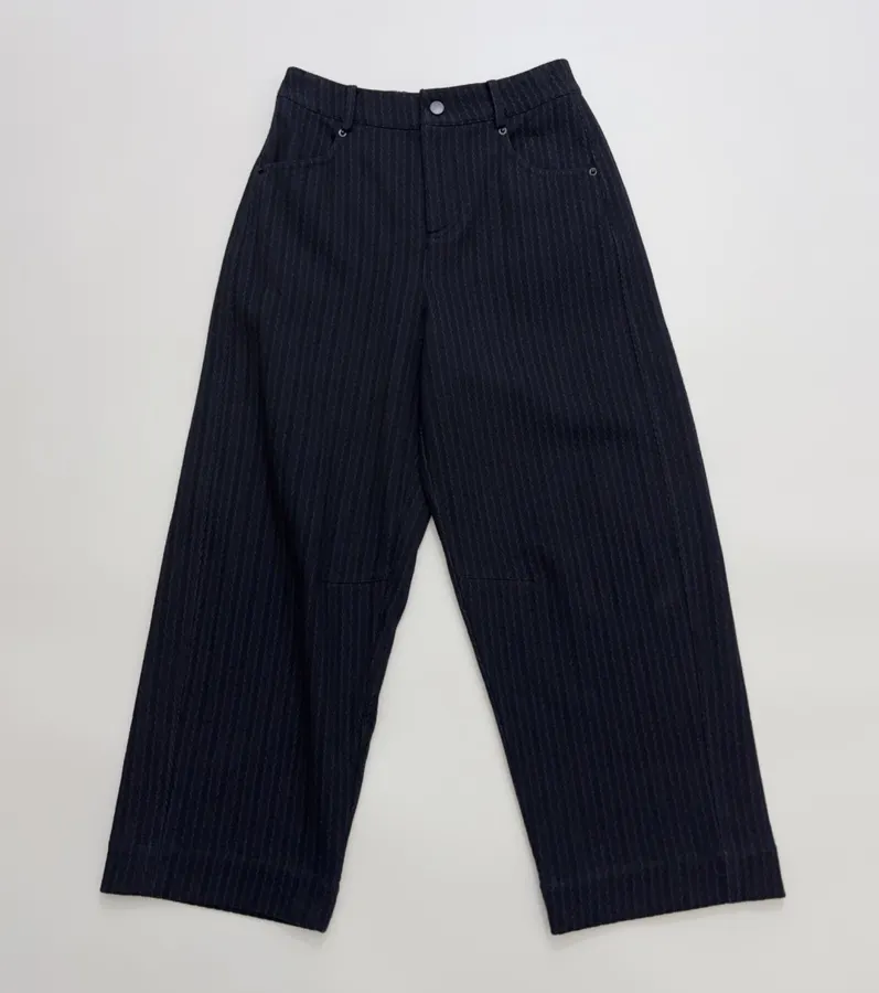 Navy Pinstripe High-Waist Straight-Leg Trousers in Navy, product view