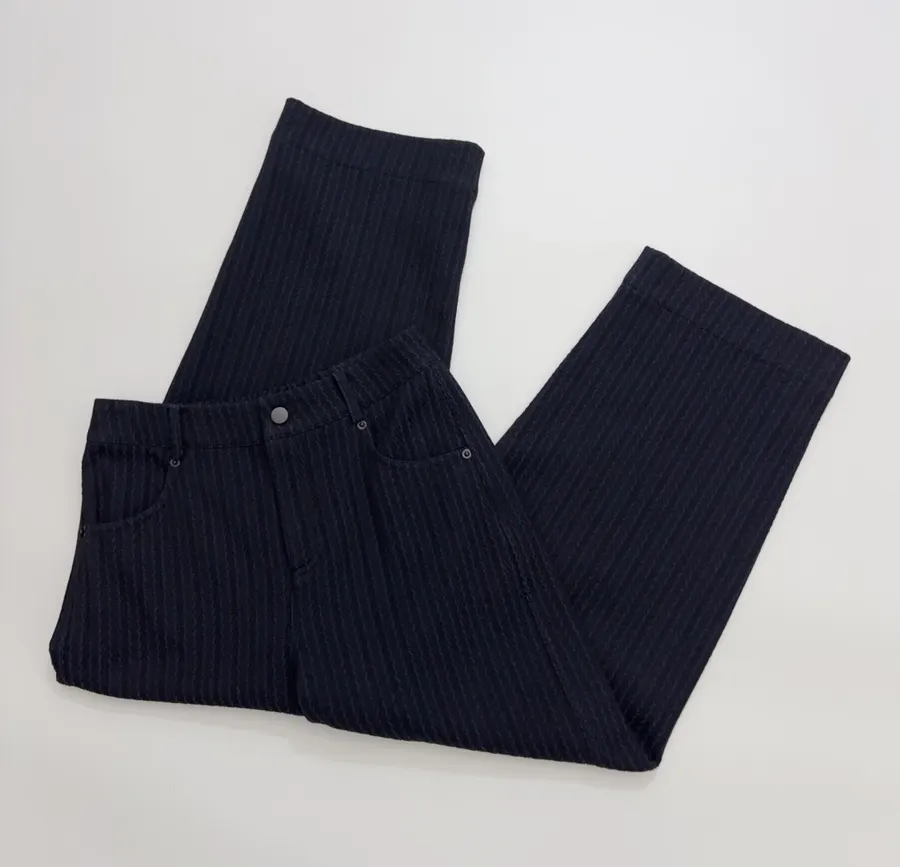 Navy Pinstripe High-Waist Straight-Leg Trousers in Navy, product view 15