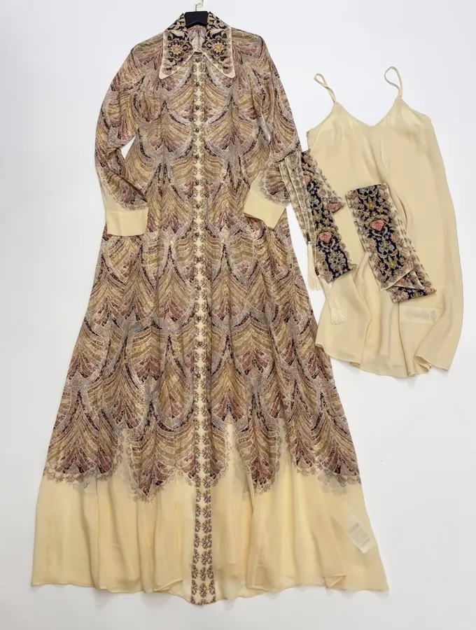 Cream Vintage Print Tie-Neck Maxi Dress in Apricot, product view 01