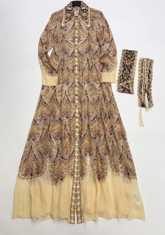 Cream Vintage Print Tie-Neck Maxi Dress in Apricot, product view 02