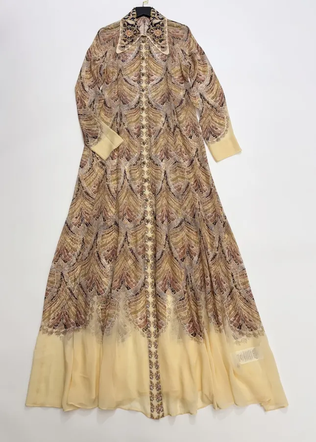 Cream Vintage Print Tie-Neck Maxi Dress in Apricot, product view 03