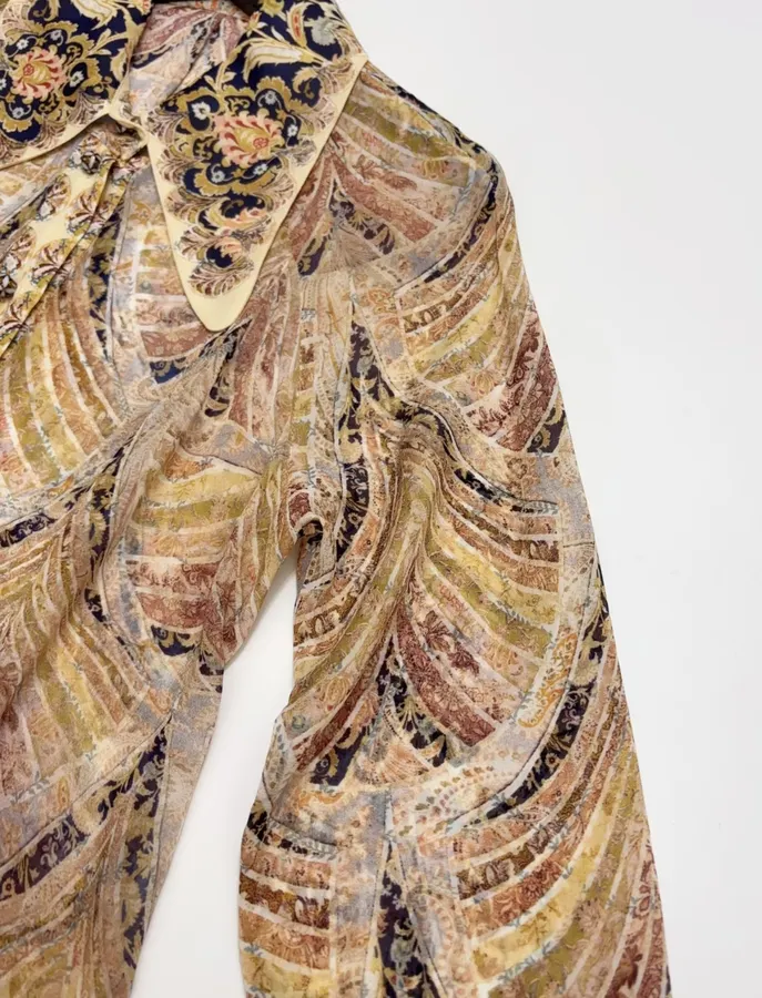 Cream Vintage Print Tie-Neck Maxi Dress in Apricot, product view 06