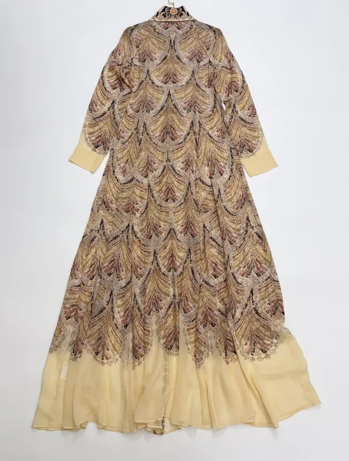 Cream Vintage Print Tie-Neck Maxi Dress in Apricot, product view 21