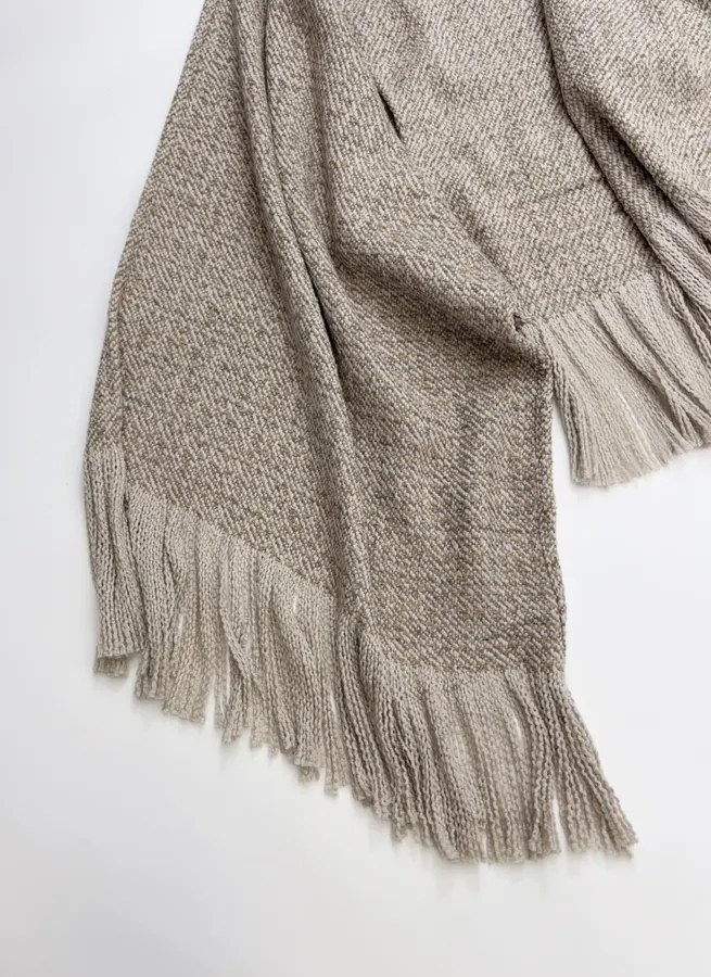 Retro Mixed-Color Yarn Tasseled Edge Thick and Soft Wool Scarf Shawl Coat in Taupe, product view 05