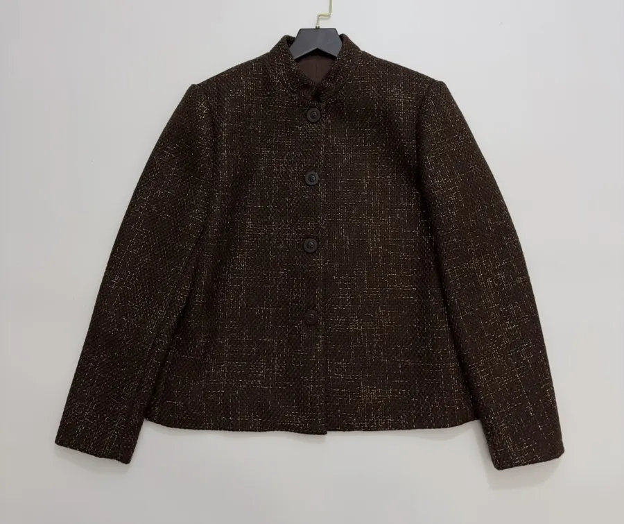 Brown Mélange Stand-Collar Button Jacket in Brown, product view 01