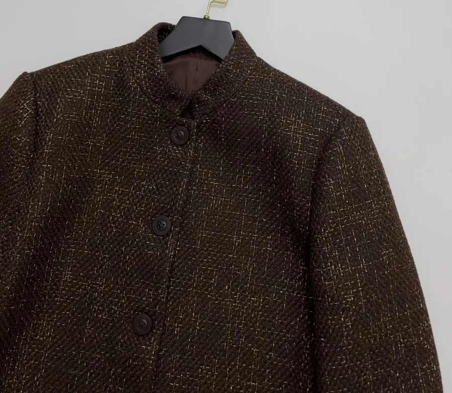 Brown Mélange Stand-Collar Button Jacket in Brown, product view 02