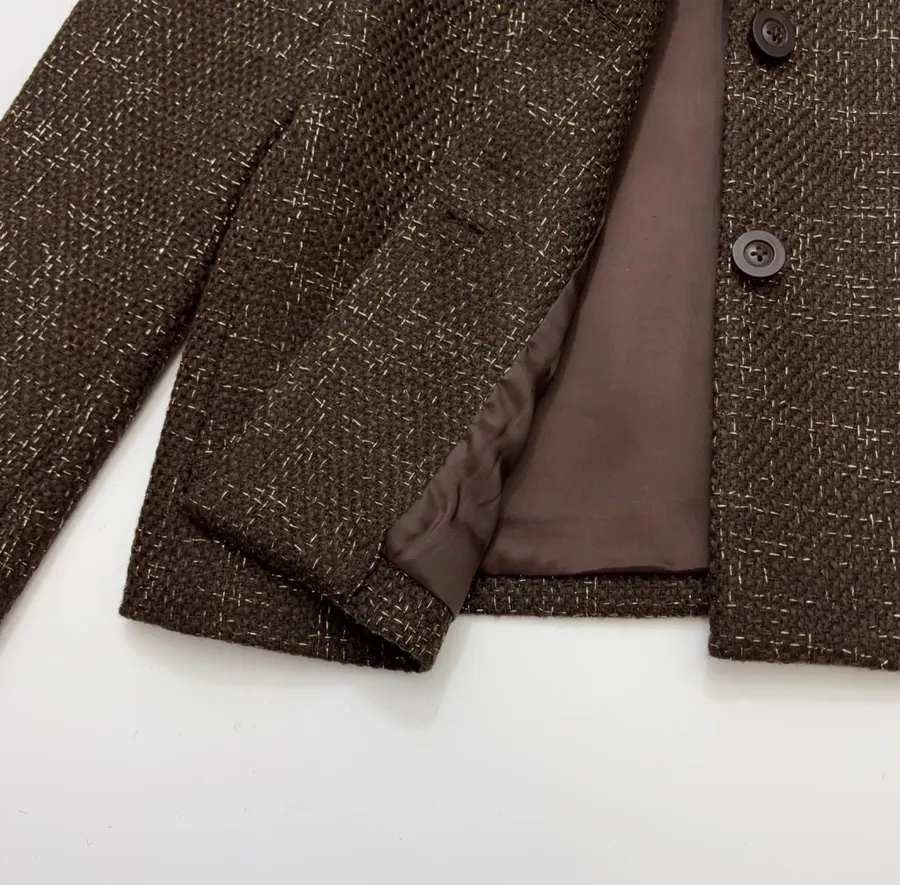 Brown Mélange Stand-Collar Button Jacket in Brown, product view 11