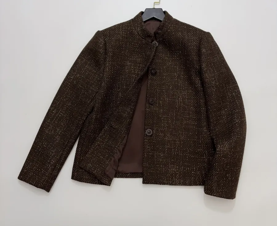 Brown Mélange Stand-Collar Button Jacket in Brown, product view 13